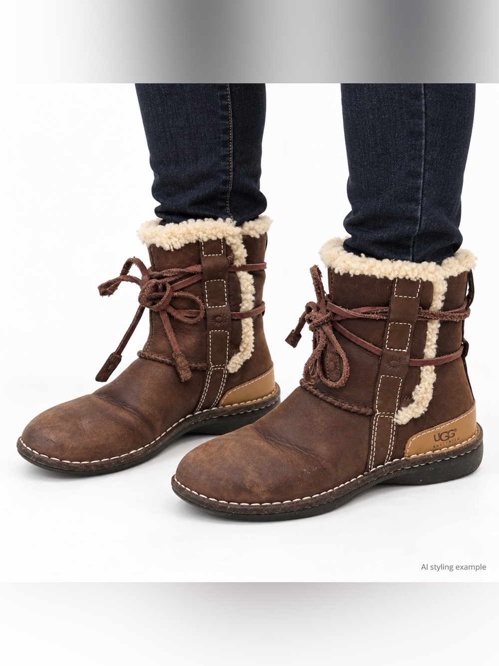 UGG Australia Brown Leather Sheepskin Wrap Tie Boots Women’s 7